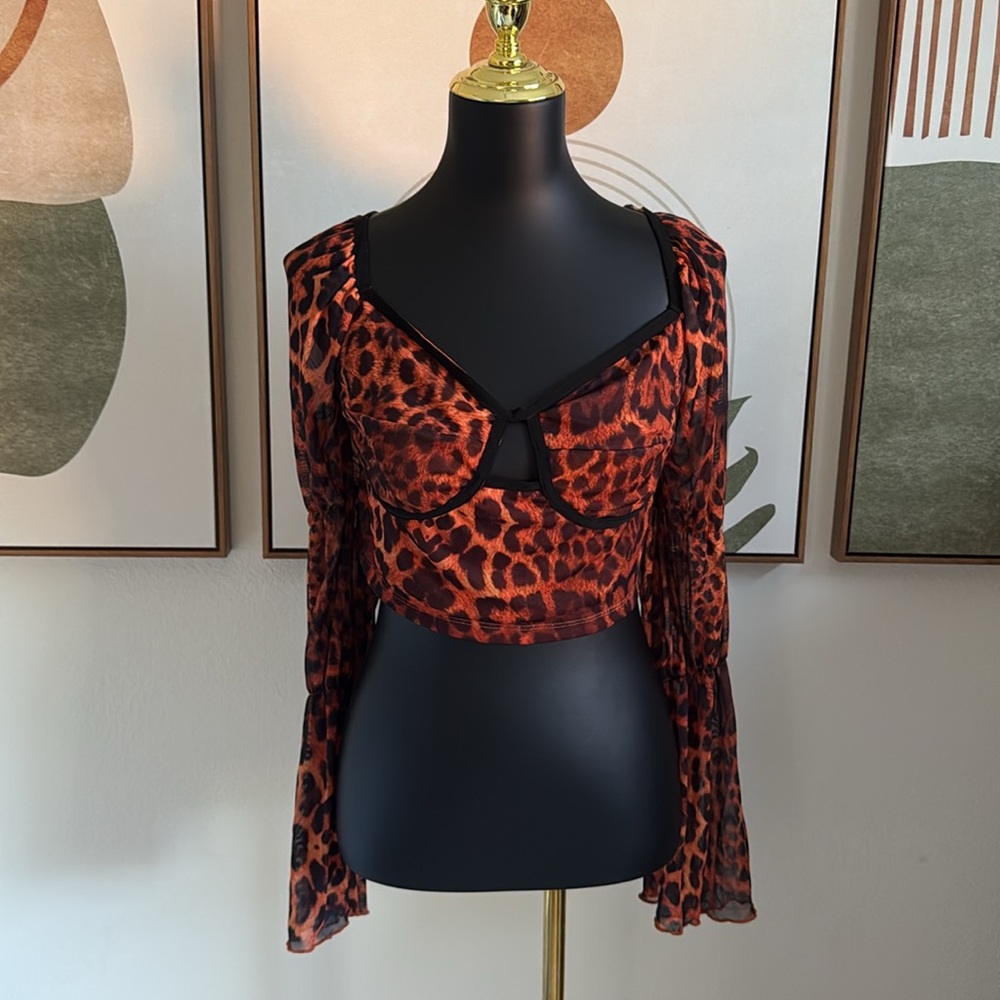 ✨Orange Black Leopard Animal Print Bell Sleeve Top